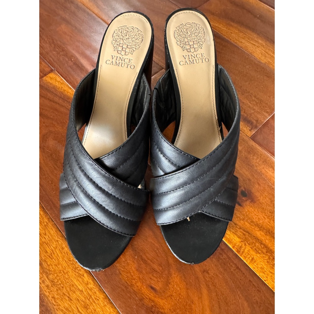Vince Camuto Black Quilted Crossover Block Heel Mules Slide Sandals‎ Women 11M